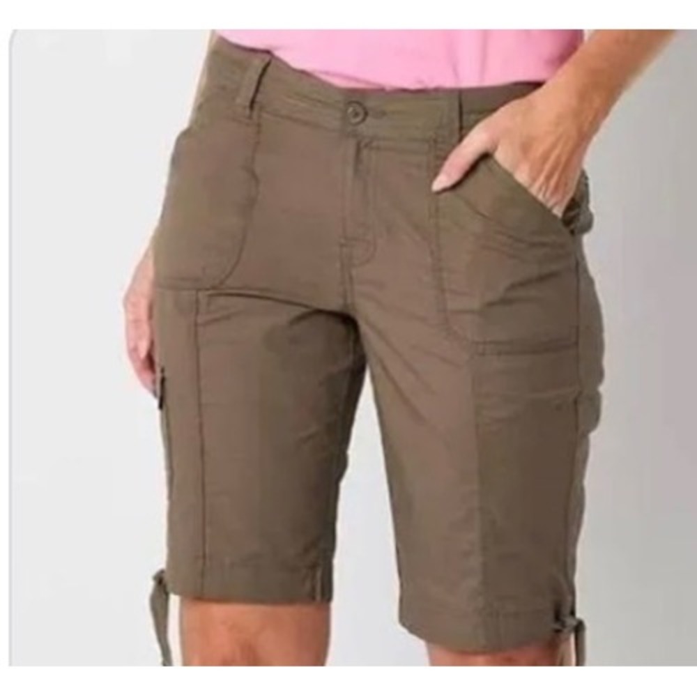 St Johns Bay Womens 16W‎ Cargo Bermuda Shorts Olive Brown Stretch Utility Cotton